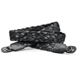 Carrying Strap, flat braided rayon & leather cord, black