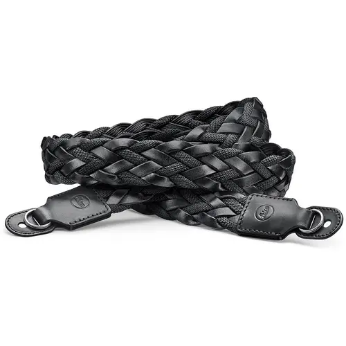 Carrying Strap, flat braided rayon & leather cord, black