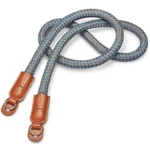 Carrying Strap, round braided rayon & leather cord, cognac, denim blue