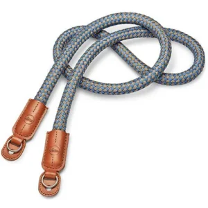 Carrying Strap, round braided rayon & leather cord, cognac, denim blue
