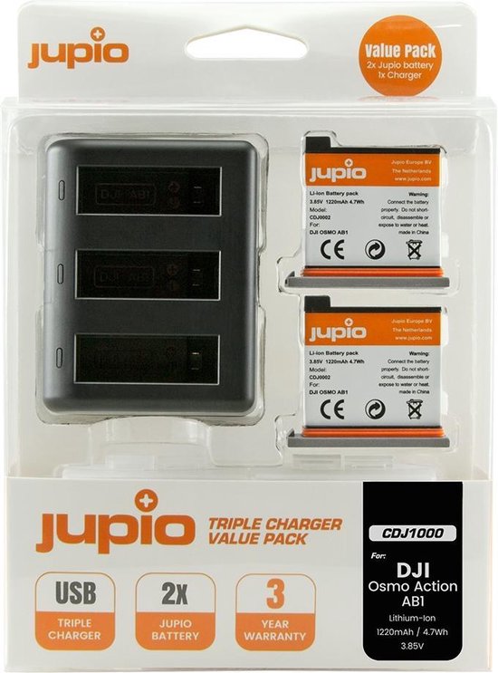 Jupio Value Pack: 2X Battery Osmo Action 3/4/5 Pro 1950mAh + USB Triple Charger