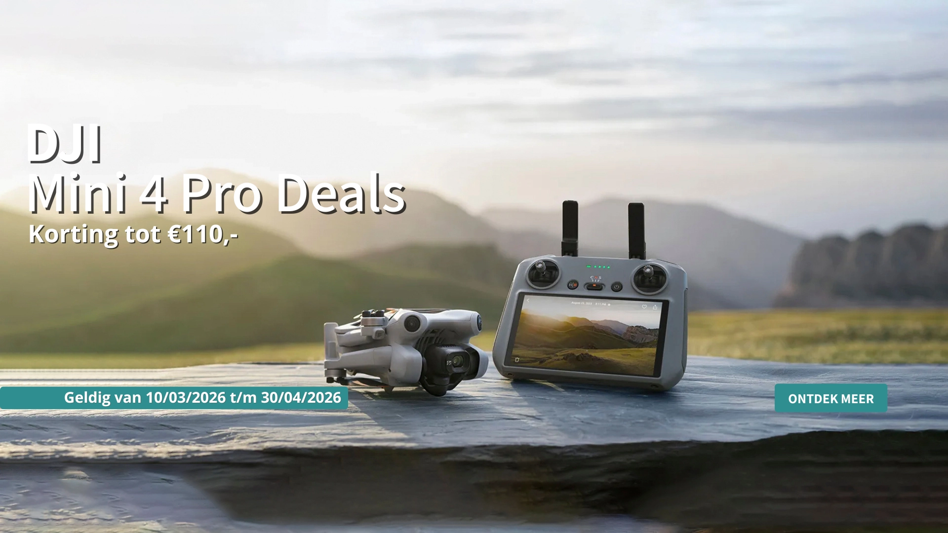 Profiteer tijdelijk van extra voordeel tijdens de DJI Mini 4 Pro Deals. Deze actie loopt van 10 maart 2026 tot en met 30 april 2026 en biedt kortingen tot €110 op geselecteerde DJI Mini 4 Pro modellen en combo’s.